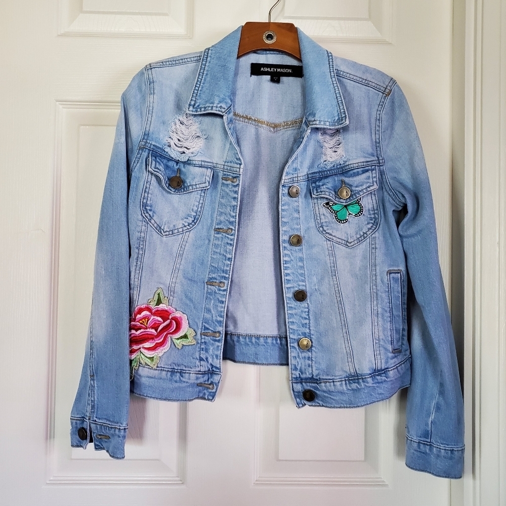 Ashley Mason Embroidered Distressed Denim Blue Jacket Trucker Small Button-up - Picture 2 of 9